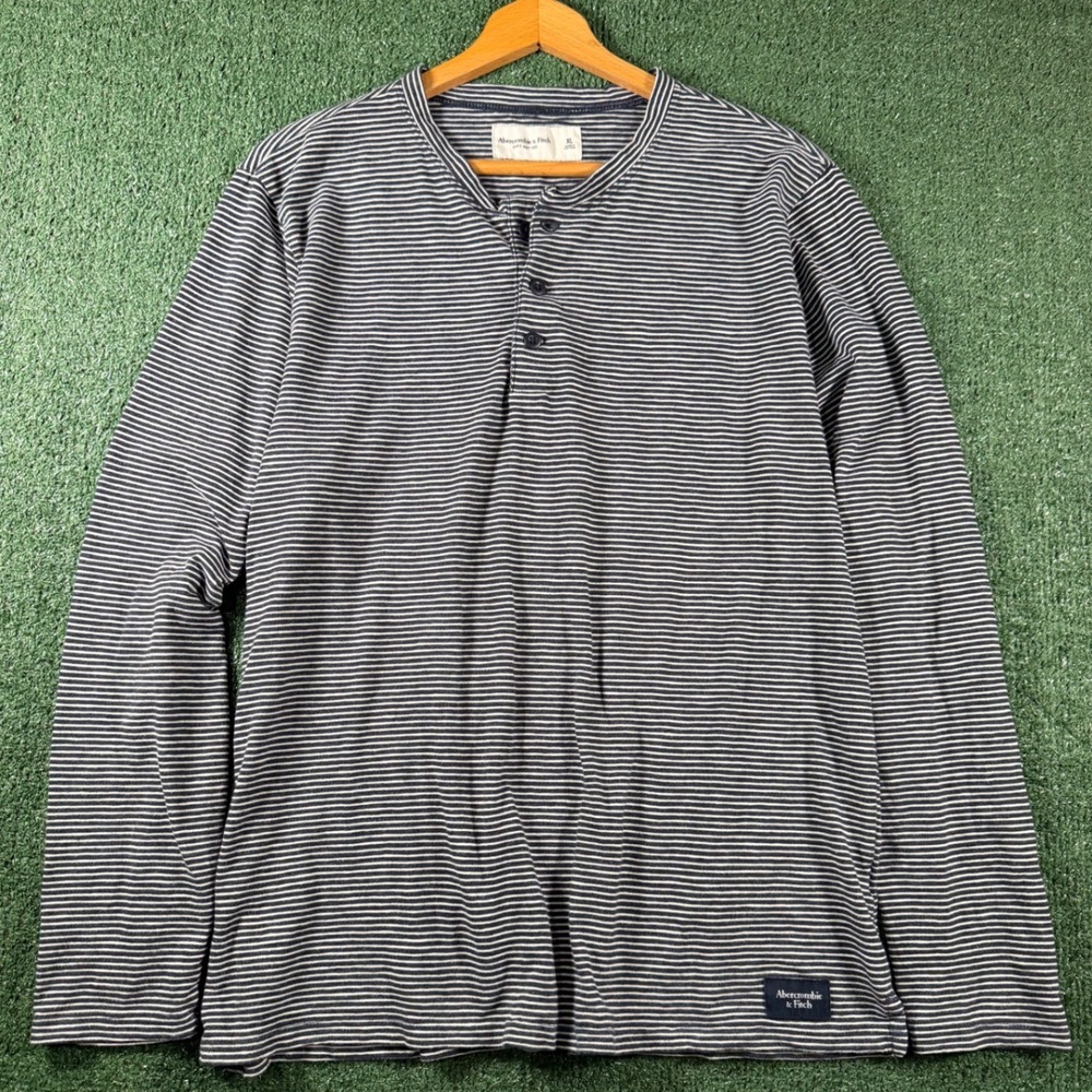 Abercrombie & Fitch Henley Shirt Mens XL Blue White Good Striped Long Sleeve